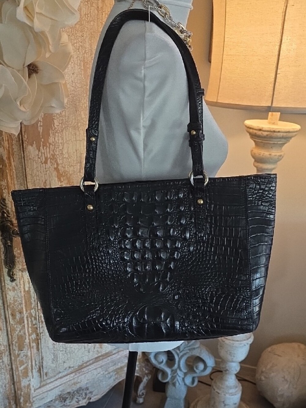 Brahmin Black Croc-Embossed Tote with Gold Accent - Picture 6 of 14